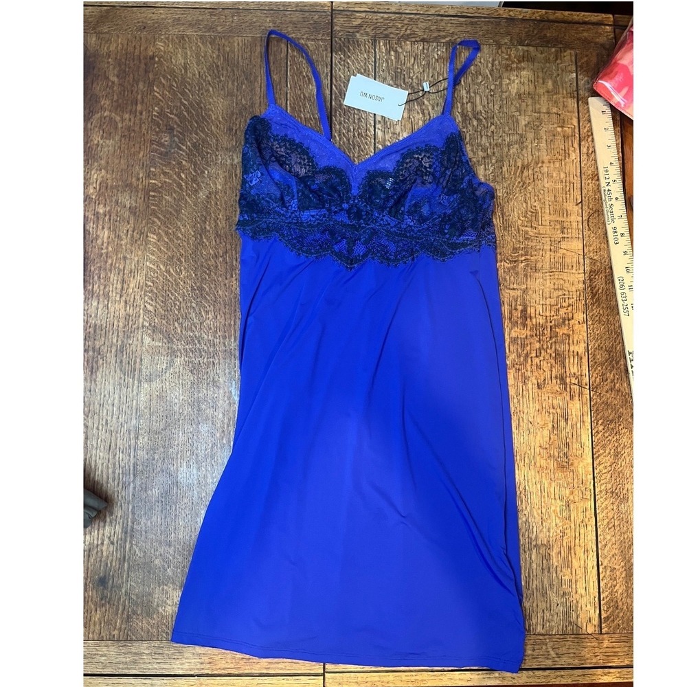 Jason Wu cobalt blue slip dress lace stretch‎ Size L NWT lingerie indigo jersey